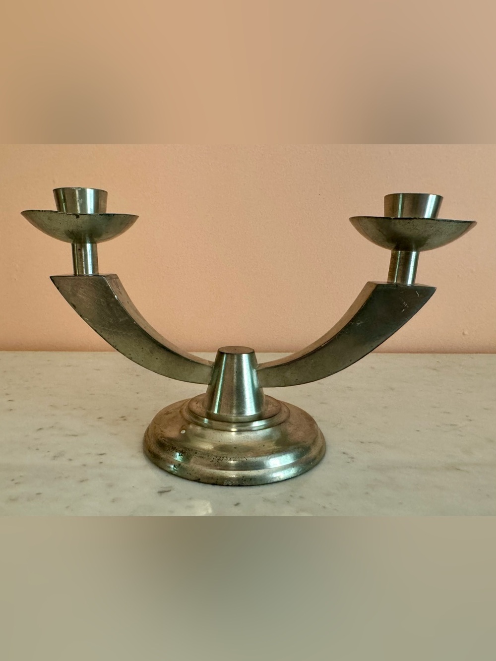Vintage Selangor Satin-Finish Pewter Double Candle Holder, MCM, Art-Deco
